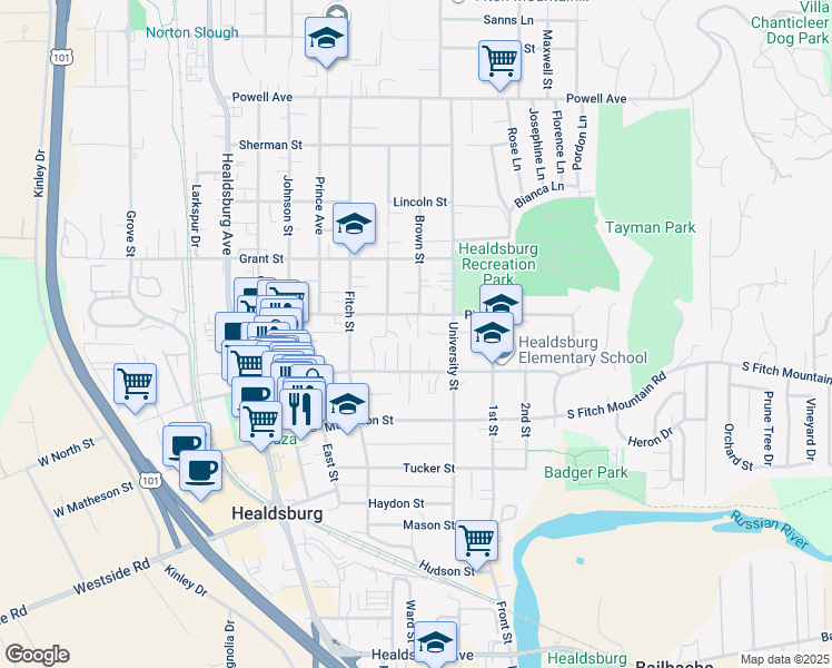 map of restaurants, bars, coffee shops, grocery stores, and more near 409 North Street in Healdsburg