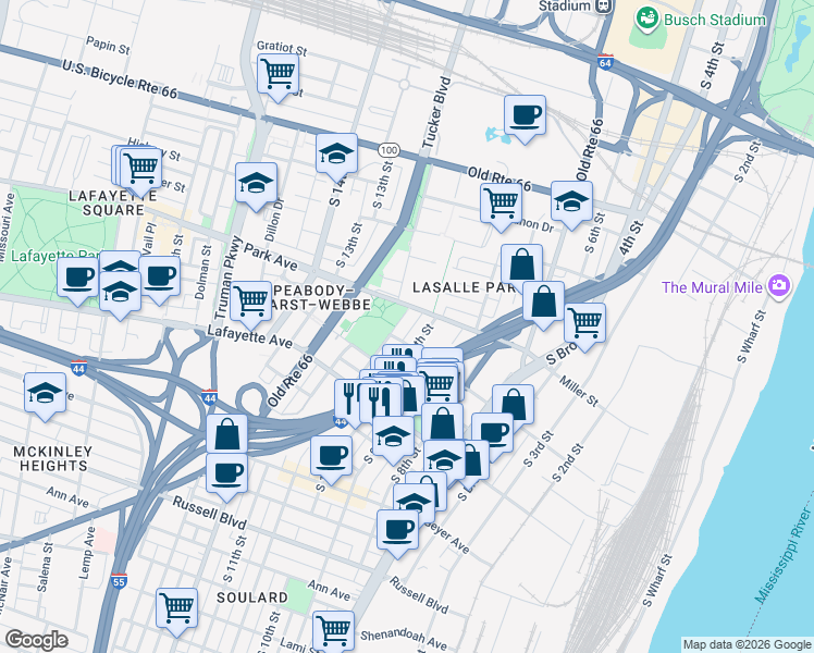 map of restaurants, bars, coffee shops, grocery stores, and more near 1500 Menard Street in St. Louis