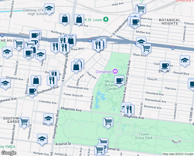 map of restaurants, bars, coffee shops, grocery stores, and more near 2123 Alfred Avenue in St. Louis