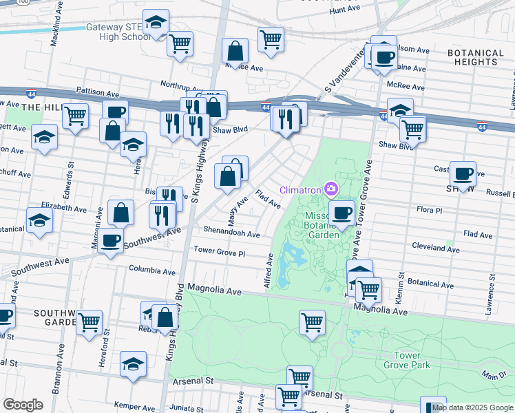 map of restaurants, bars, coffee shops, grocery stores, and more near 4514 Cleveland Avenue in St. Louis
