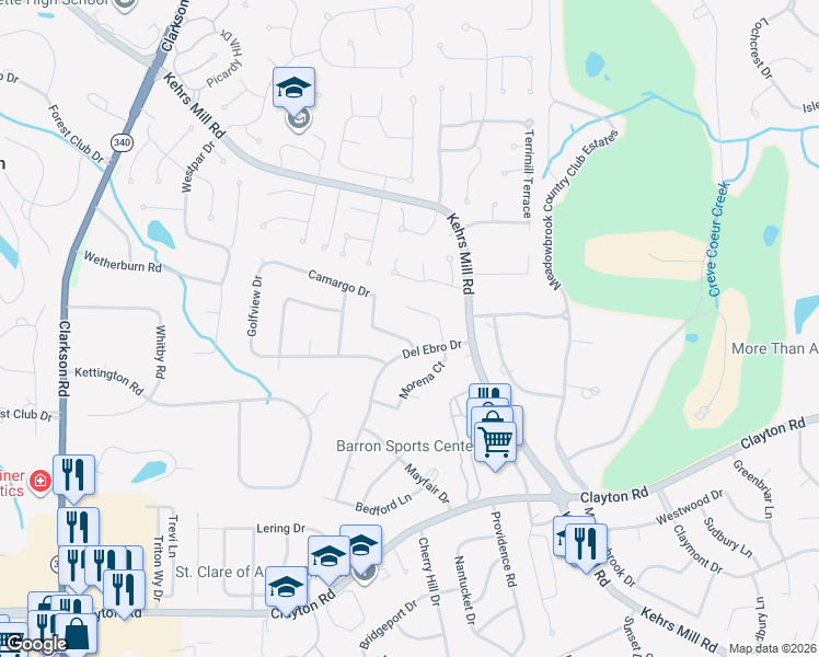 map of restaurants, bars, coffee shops, grocery stores, and more near 907 Camargo Drive in Ballwin