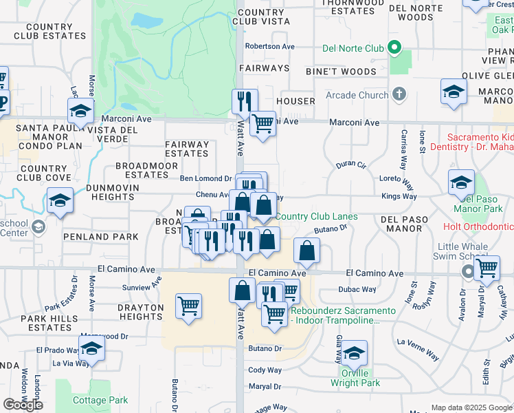 map of restaurants, bars, coffee shops, grocery stores, and more near 2610 Watt Avenue in Sacramento
