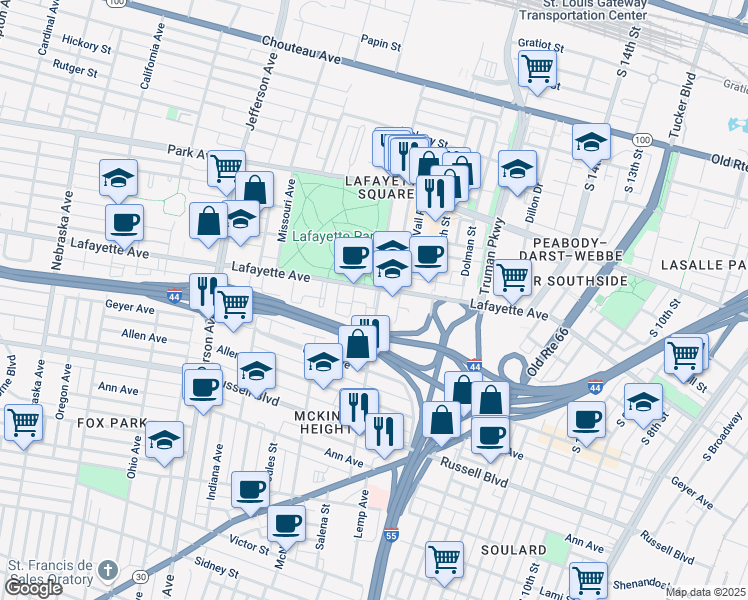 map of restaurants, bars, coffee shops, grocery stores, and more near 2002 Lafayette Avenue in St. Louis