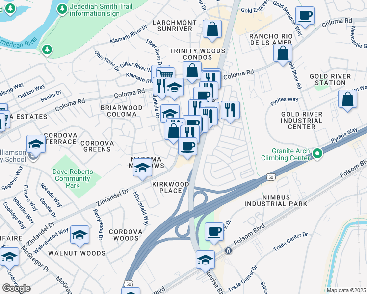 map of restaurants, bars, coffee shops, grocery stores, and more near 1971 Zinfandel Drive in Rancho Cordova