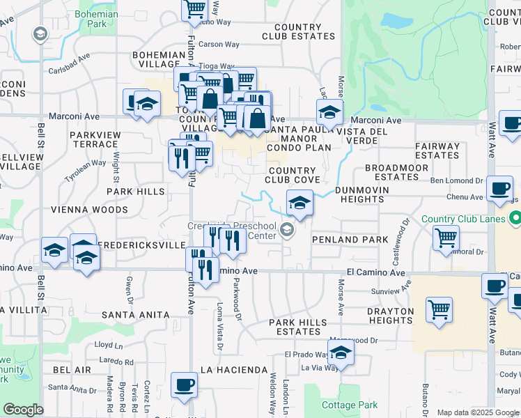 map of restaurants, bars, coffee shops, grocery stores, and more near 2807 Elvyra Way in Sacramento