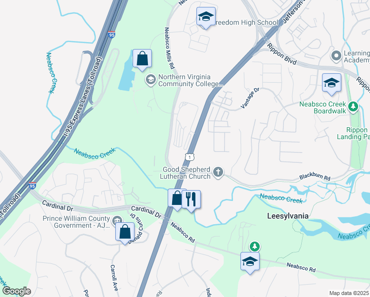 map of restaurants, bars, coffee shops, grocery stores, and more near 15941 Donald Curtis Drive in Woodbridge