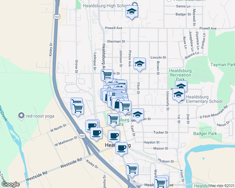 map of restaurants, bars, coffee shops, grocery stores, and more near 424 Center Street in Healdsburg