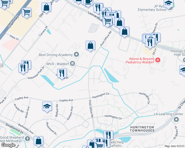 map of restaurants, bars, coffee shops, grocery stores, and more near 3609 Matlock Place in Waldorf