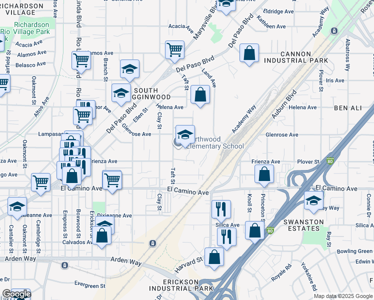 map of restaurants, bars, coffee shops, grocery stores, and more near 2630 Taft Street in Sacramento
