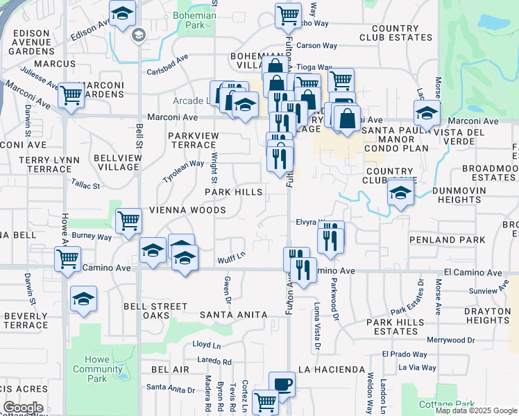 map of restaurants, bars, coffee shops, grocery stores, and more near 2636 Park Hills Drive in Sacramento