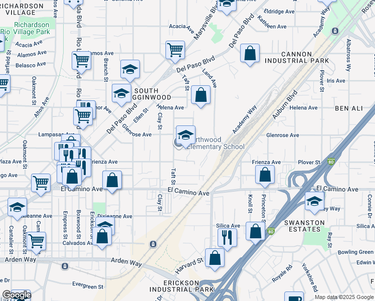 map of restaurants, bars, coffee shops, grocery stores, and more near 2630 Taft Street in Sacramento