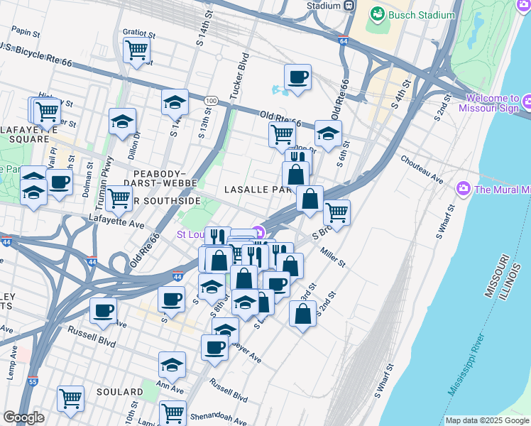 map of restaurants, bars, coffee shops, grocery stores, and more near 824 Park Avenue in St. Louis