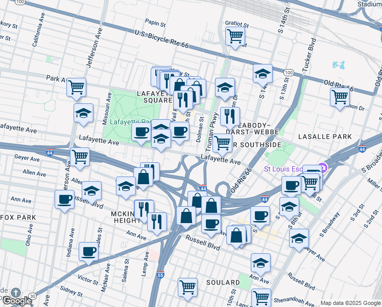 map of restaurants, bars, coffee shops, grocery stores, and more near 1731 South 18th Street in St. Louis