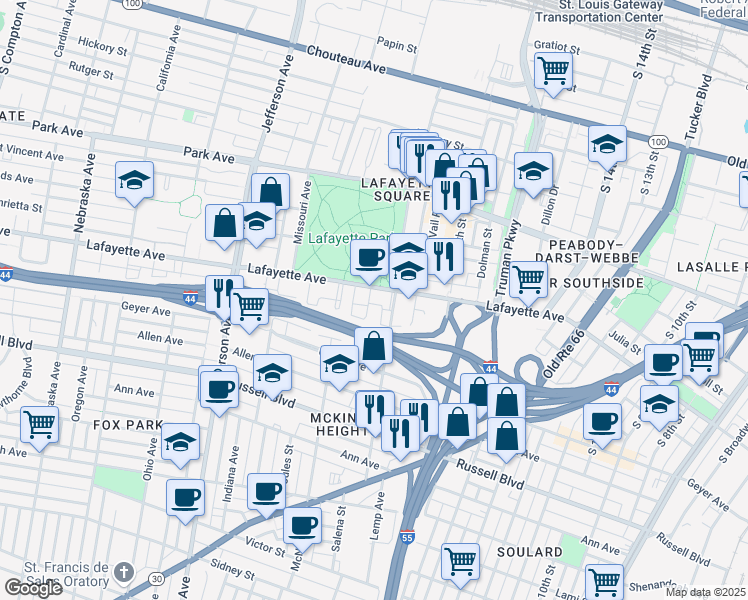 map of restaurants, bars, coffee shops, grocery stores, and more near 2002 Lafayette Avenue in St. Louis