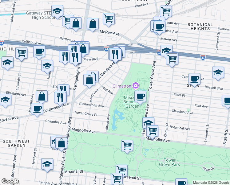 map of restaurants, bars, coffee shops, grocery stores, and more near 2123 Alfred Avenue in St. Louis