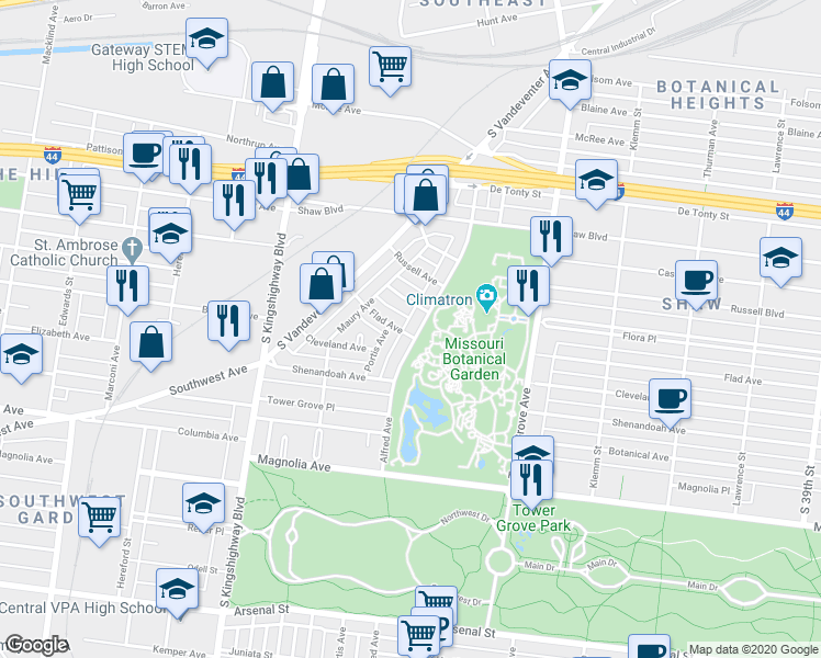 map of restaurants, bars, coffee shops, grocery stores, and more near 2123 Alfred Avenue in St. Louis
