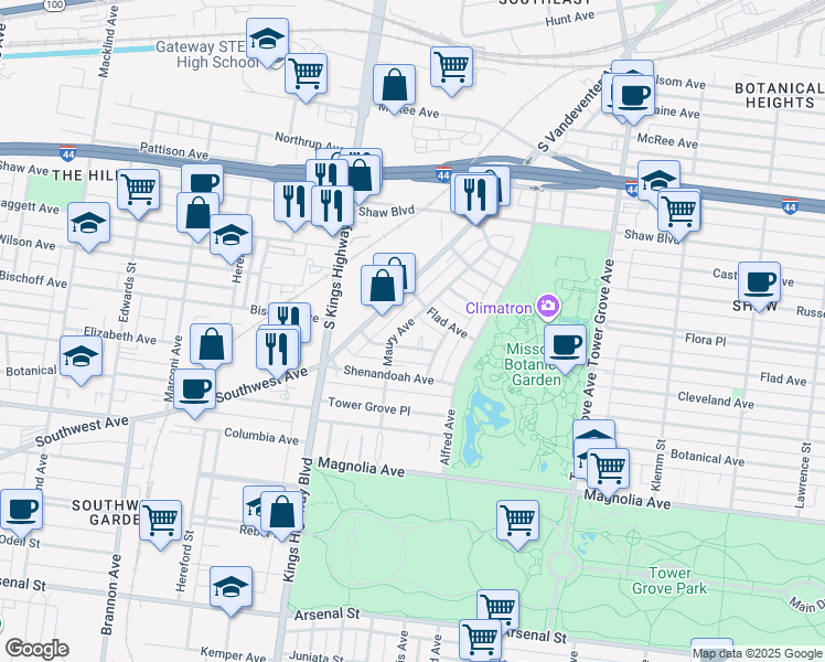 map of restaurants, bars, coffee shops, grocery stores, and more near 4514 Cleveland Avenue in St. Louis