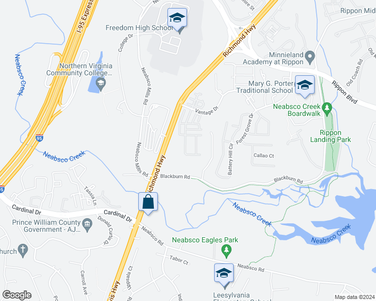 map of restaurants, bars, coffee shops, grocery stores, and more near 15632 John Diskin Circle in Woodbridge