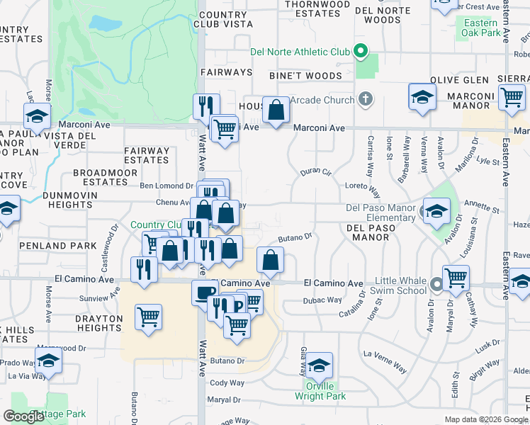 map of restaurants, bars, coffee shops, grocery stores, and more near 3644 Kings Way in Sacramento