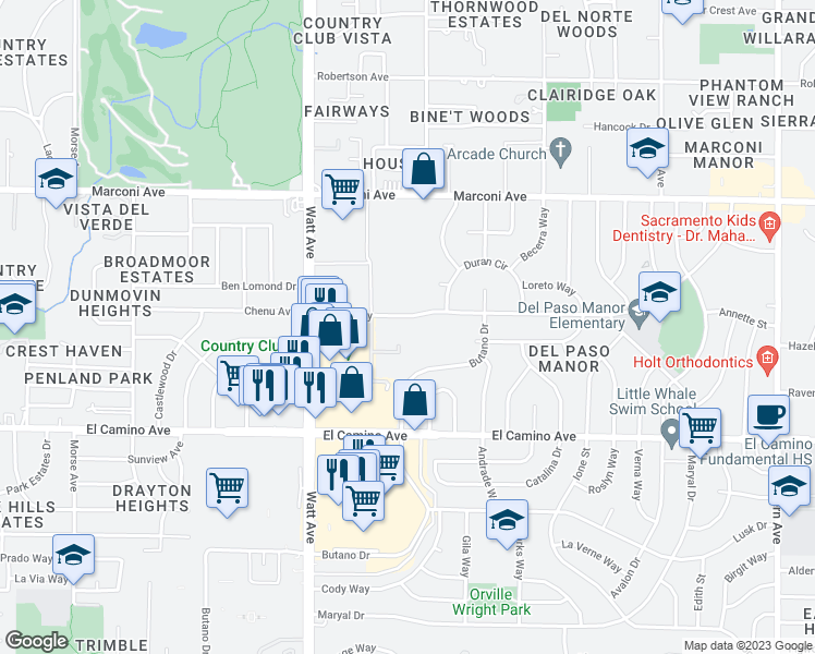 map of restaurants, bars, coffee shops, grocery stores, and more near 3644 Kings Way in Sacramento