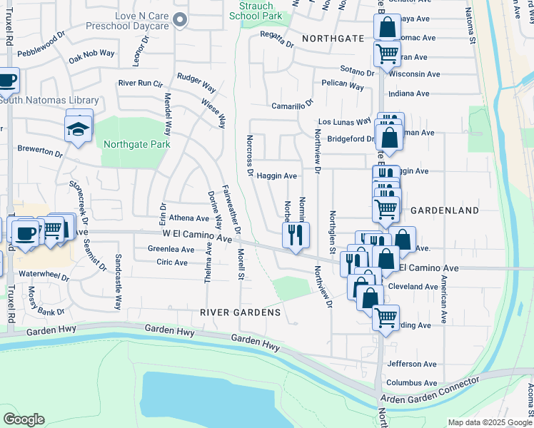 map of restaurants, bars, coffee shops, grocery stores, and more near 2732 Nordlund Way in Sacramento