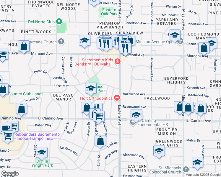 map of restaurants, bars, coffee shops, grocery stores, and more near 4209 Annette Street in Sacramento