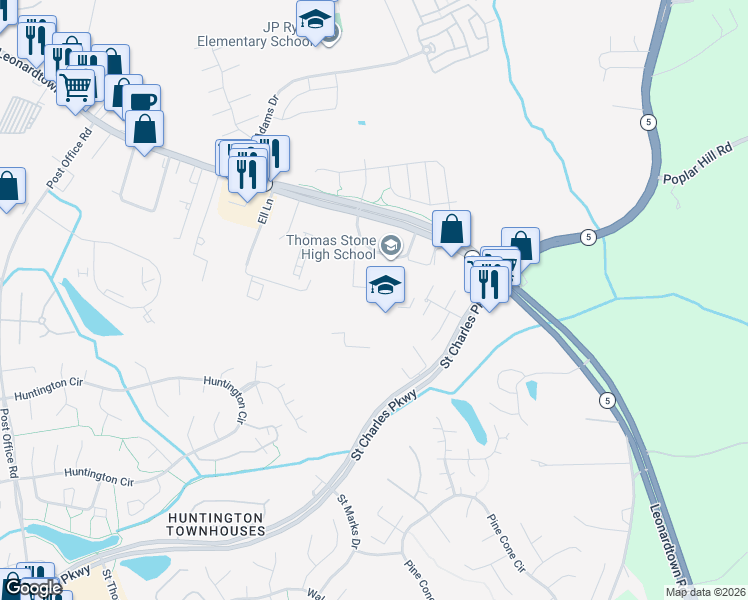 map of restaurants, bars, coffee shops, grocery stores, and more near 3785 Leonardtown Road in Waldorf