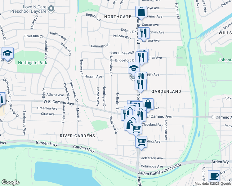 map of restaurants, bars, coffee shops, grocery stores, and more near 2710 Northview Drive in Sacramento