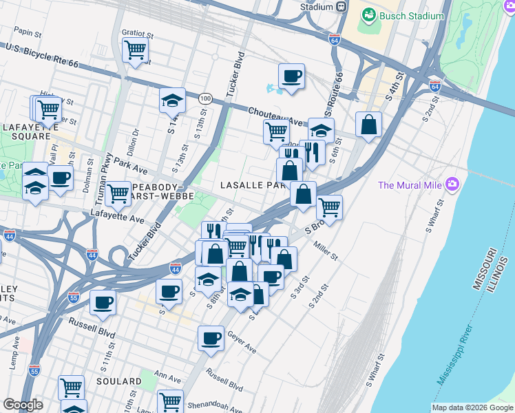 map of restaurants, bars, coffee shops, grocery stores, and more near in St. Louis