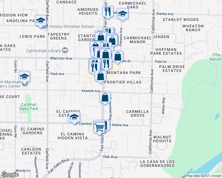 map of restaurants, bars, coffee shops, grocery stores, and more near 5915 Kenneth Avenue in Carmichael