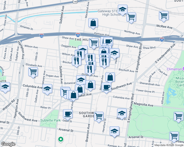 map of restaurants, bars, coffee shops, grocery stores, and more near 5250 Bischoff Avenue in St. Louis