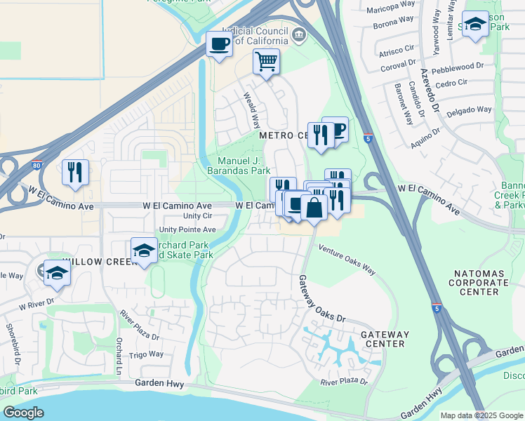 map of restaurants, bars, coffee shops, grocery stores, and more near 2810 Grasslands Drive in Sacramento