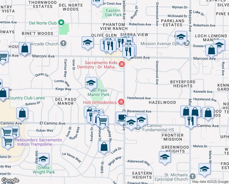 map of restaurants, bars, coffee shops, grocery stores, and more near 4209 Annette Street in Sacramento