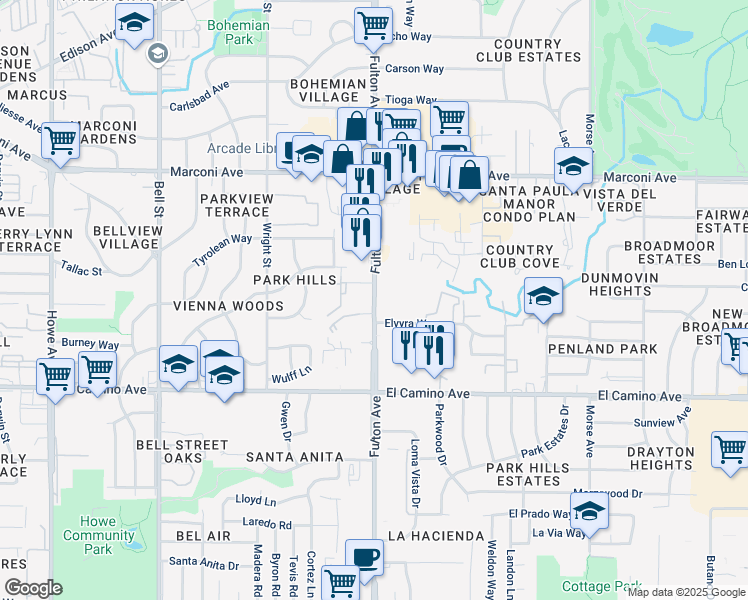 map of restaurants, bars, coffee shops, grocery stores, and more near 2636 Fulton Avenue in Sacramento