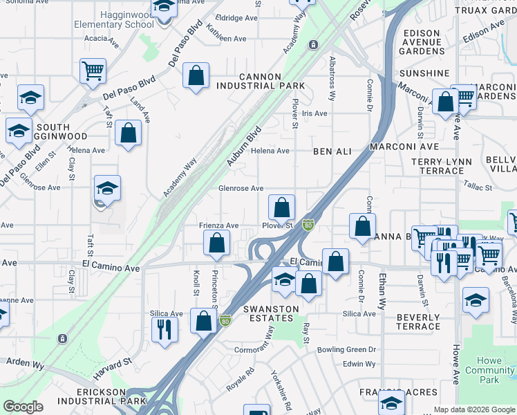 map of restaurants, bars, coffee shops, grocery stores, and more near 2641 Crosby Way in Sacramento