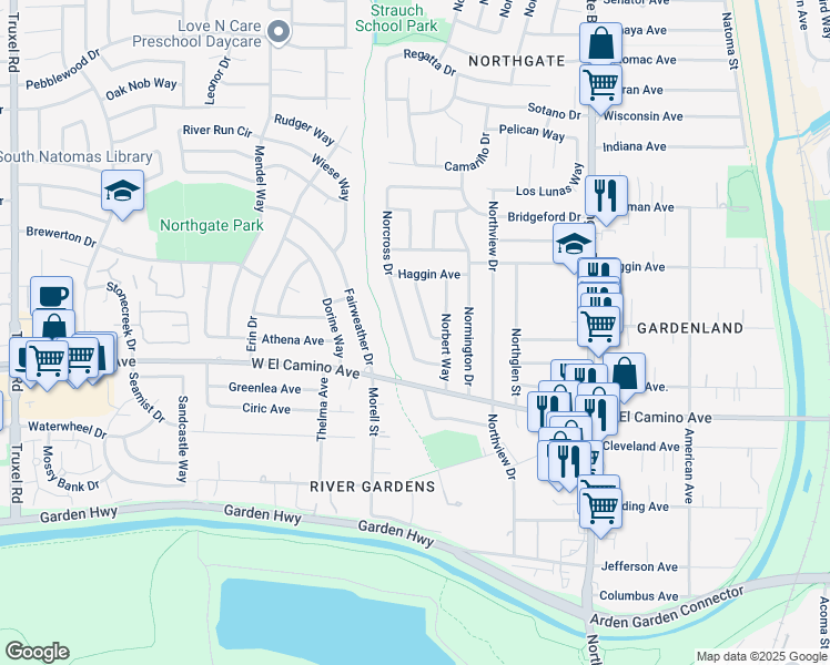 map of restaurants, bars, coffee shops, grocery stores, and more near 2732 Nordlund Way in Sacramento