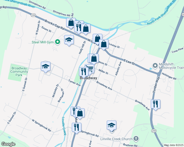 map of restaurants, bars, coffee shops, grocery stores, and more near 153 North Main Street in Broadway