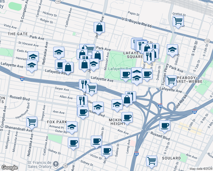 map of restaurants, bars, coffee shops, grocery stores, and more near 2126 Lafayette Avenue in St. Louis
