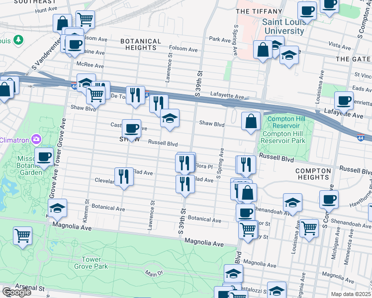 map of restaurants, bars, coffee shops, grocery stores, and more near 3910 Castleman Avenue in St. Louis