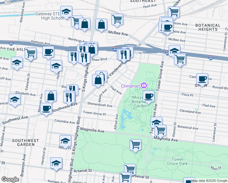 map of restaurants, bars, coffee shops, grocery stores, and more near 4536 Flora Avenue in St. Louis