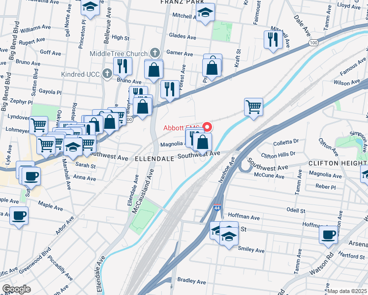 map of restaurants, bars, coffee shops, grocery stores, and more near 6811 Magnolia Avenue in St. Louis