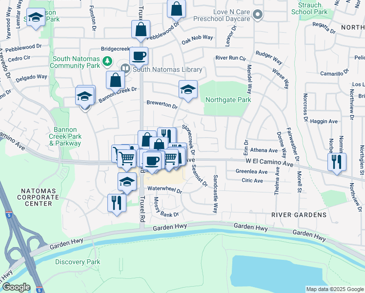 map of restaurants, bars, coffee shops, grocery stores, and more near 2645 Stonecreek Drive in Sacramento