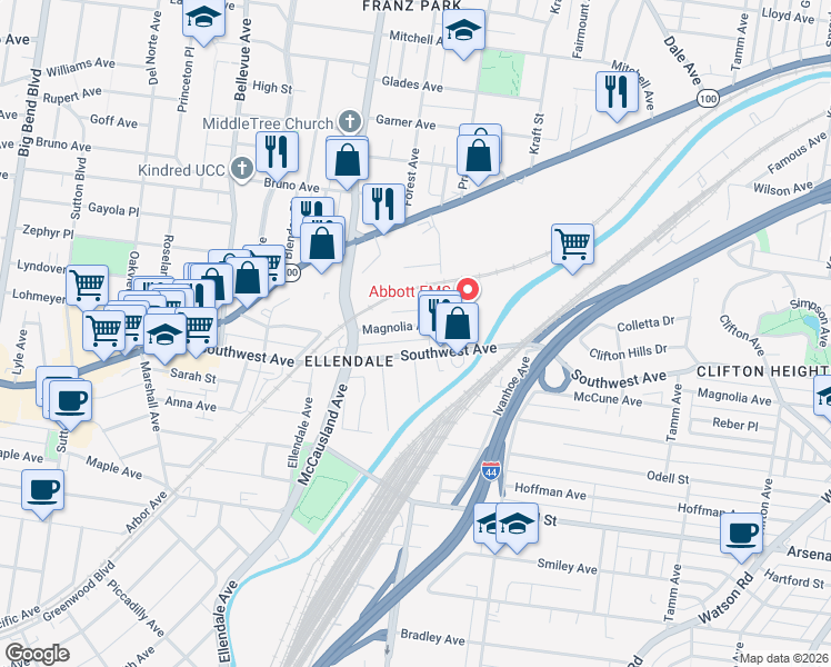 map of restaurants, bars, coffee shops, grocery stores, and more near 6811 Magnolia Avenue in St. Louis