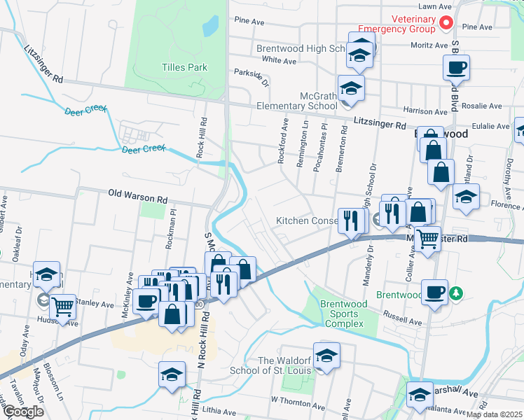 map of restaurants, bars, coffee shops, grocery stores, and more near Creve Coeur Drive in St. Louis