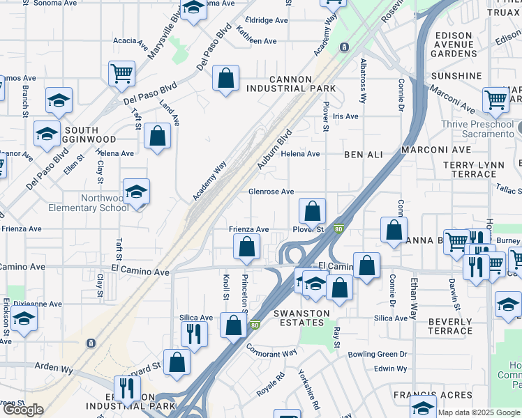 map of restaurants, bars, coffee shops, grocery stores, and more near 1618 Glenrose Avenue in Sacramento