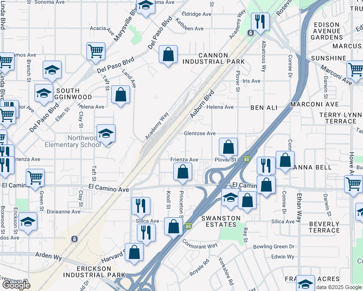 map of restaurants, bars, coffee shops, grocery stores, and more near 1556 Auburn Boulevard in Sacramento