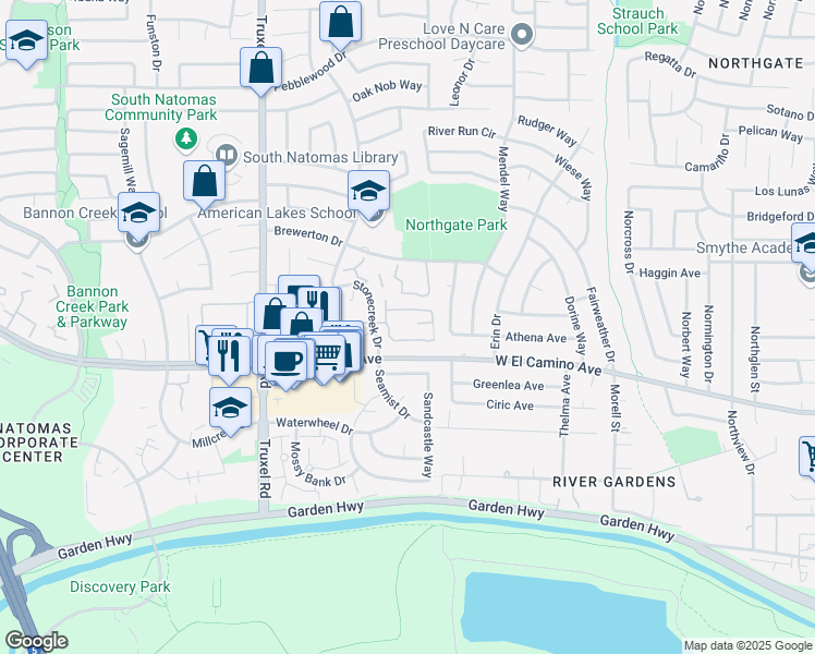 map of restaurants, bars, coffee shops, grocery stores, and more near 2684 Stonecreek Drive in Sacramento