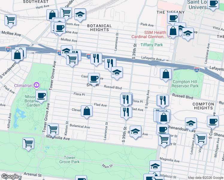 map of restaurants, bars, coffee shops, grocery stores, and more near 3959 Russell Boulevard in St. Louis