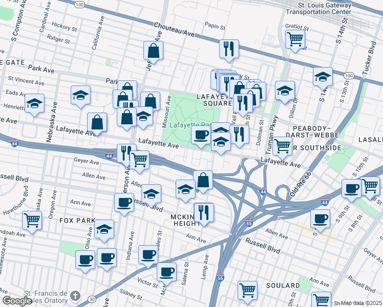 map of restaurants, bars, coffee shops, grocery stores, and more near 2050 Lafayette Avenue in St. Louis