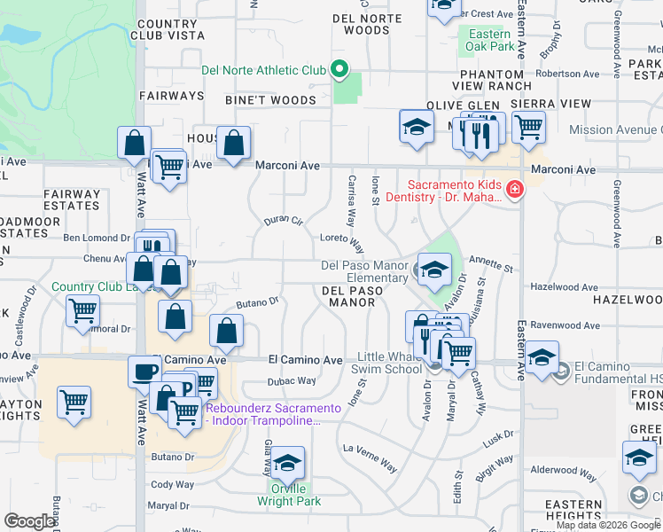 map of restaurants, bars, coffee shops, grocery stores, and more near 3908 Kings Way in Sacramento